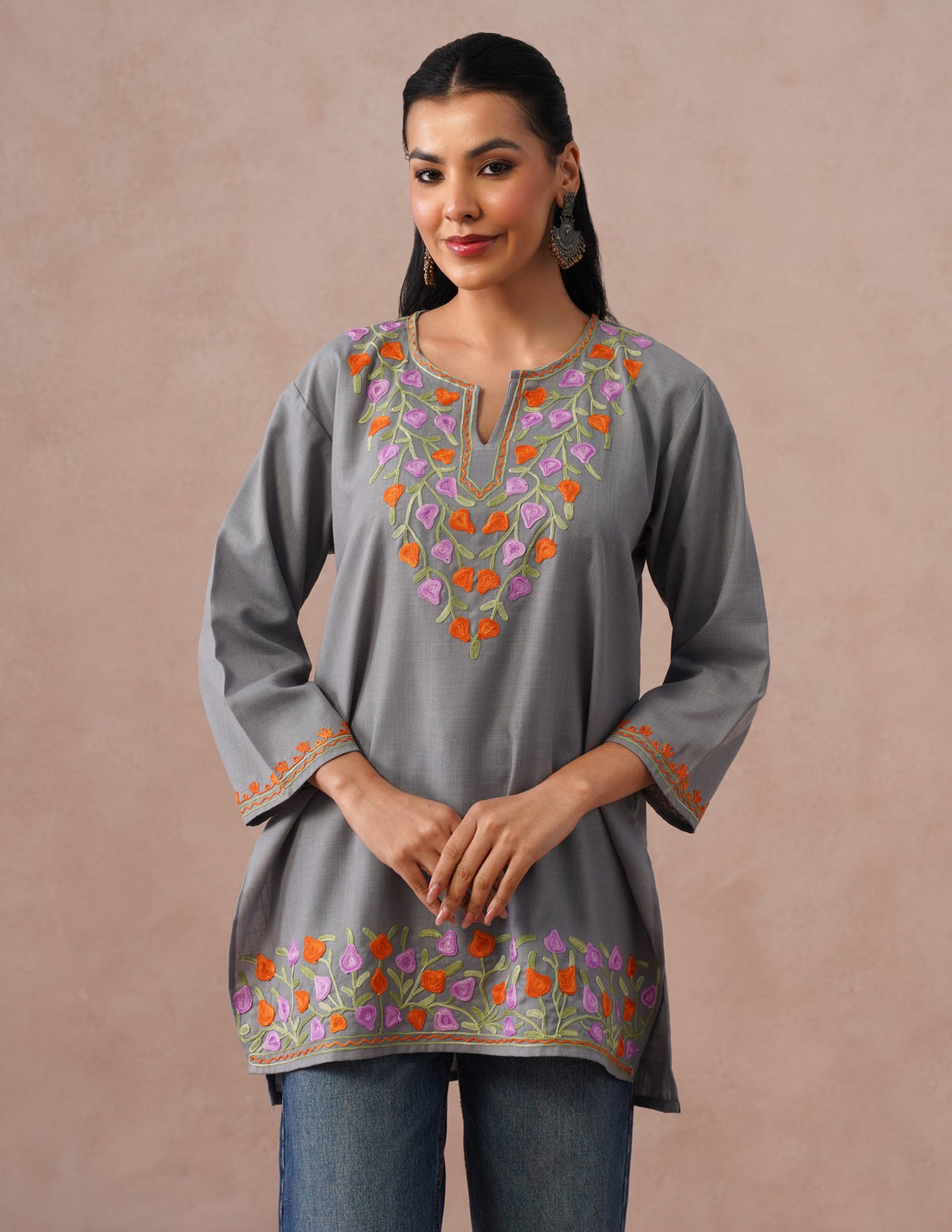 Grey Cotton Kurti – Multicolor Aari Embroidery | Office & Casual Ethnic Wear - Kashmir Box