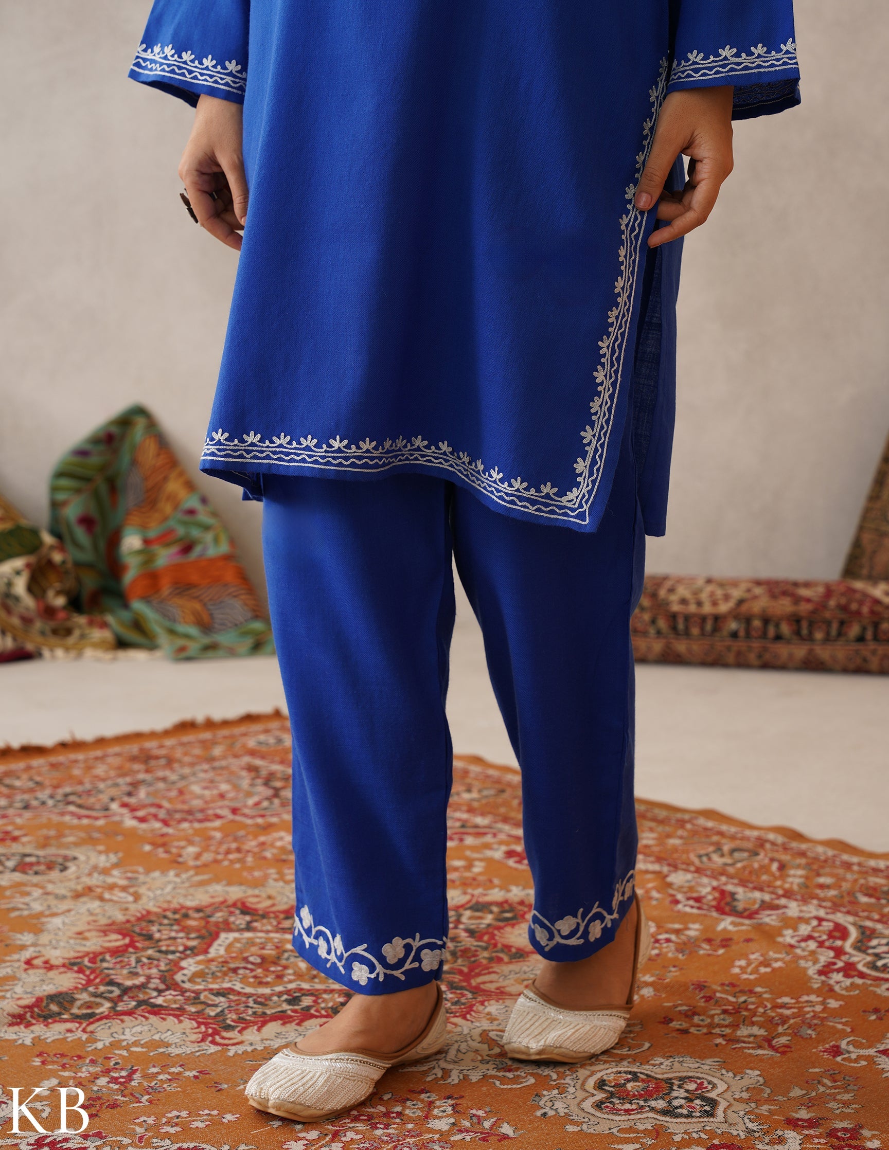 meHER Royal Blue Kashmiri Aari Woollen Co-ord Set