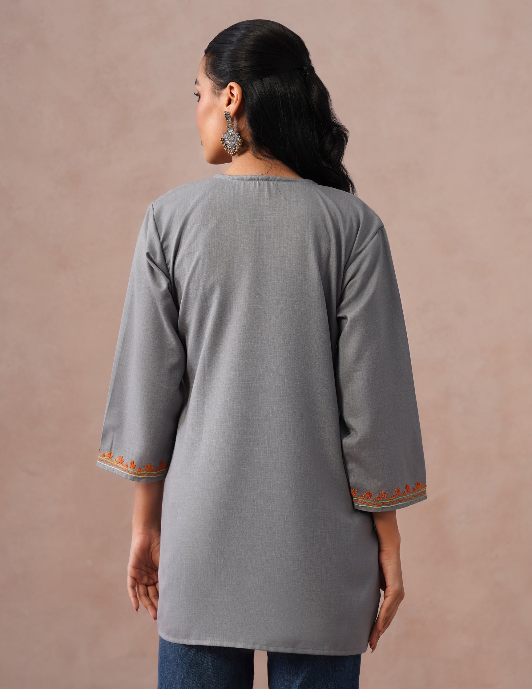 Grey Cotton Kurti – Multicolor Aari Embroidery | Office &amp; Casual Ethnic Wear - Kashmir Box