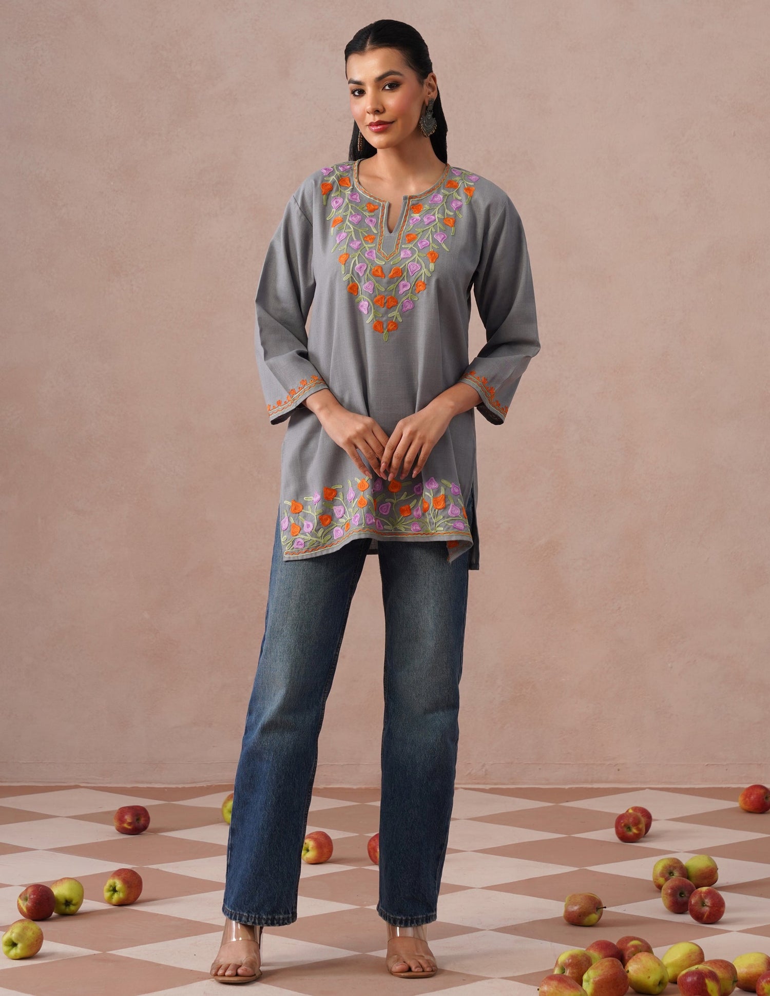 Grey Cotton Kurti – Multicolor Aari Embroidery | Office &amp; Casual Ethnic Wear - Kashmir Box