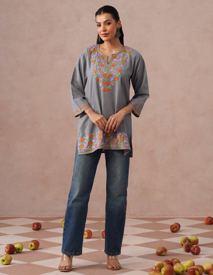 Grey Cotton Kurti – Multicolor Aari Embroidery | Office &amp; Casual Ethnic Wear - Kashmir Box