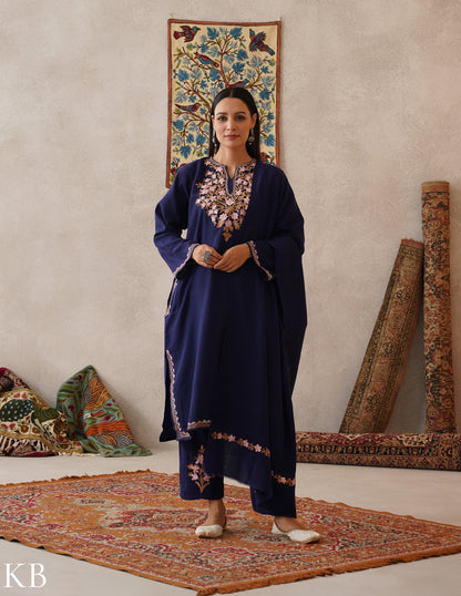 meHER Navy Blue Kashmiri Aari Woollen Co-ord Set - Kashmir Box