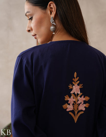 meHER Navy Blue Kashmiri Aari Woollen Co-ord Set - Kashmir Box