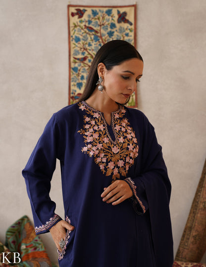 meHER Navy Blue Kashmiri Aari Woollen Co-ord Set - Kashmir Box