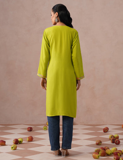 Parrot Green Rayon Kurti – Vibrant Multicolor Aari | Casual Ethnic Wear - Kashmir Box