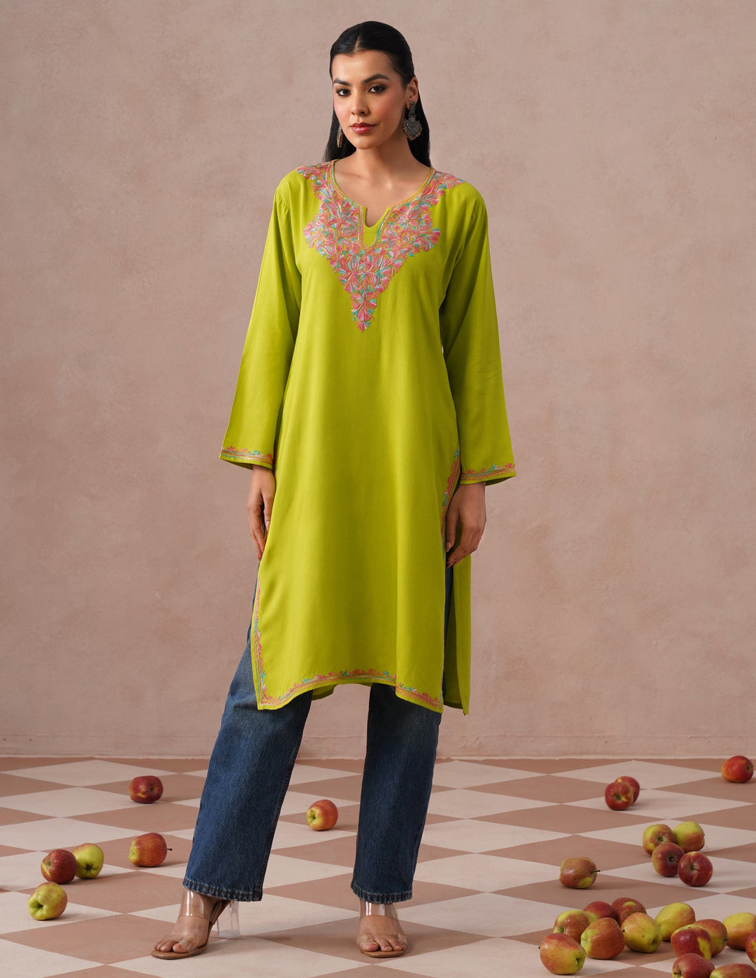 Parrot Green Rayon Kurti – Vibrant Multicolor Aari | Casual Ethnic Wear - Kashmir Box