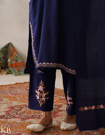 meHER Navy Blue Kashmiri Aari Woollen Co-ord Set - Kashmir Box