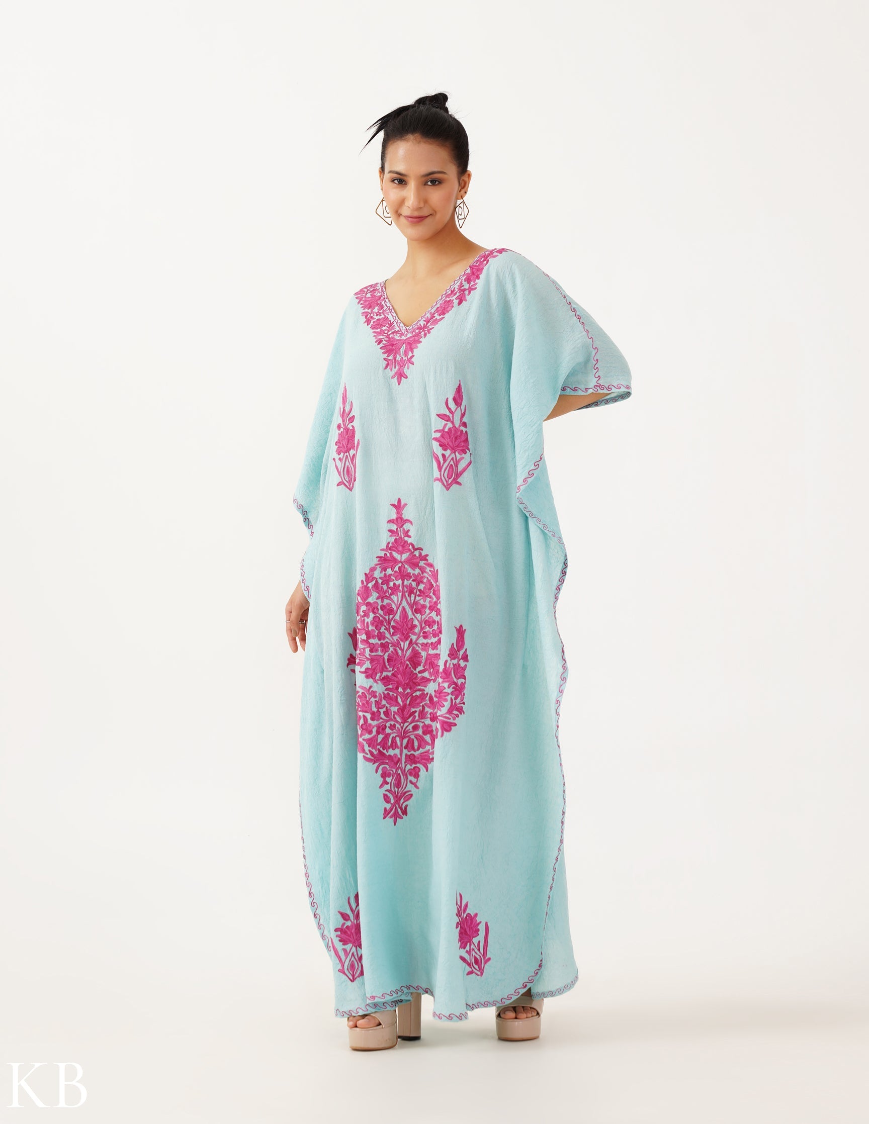 Mint Kaftan with Candy Pink Aari Embroidery - Kashmir Box