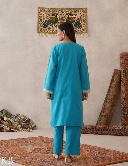 meHER Sky Blue Kashmiri Aari Woollen Co-ord Set