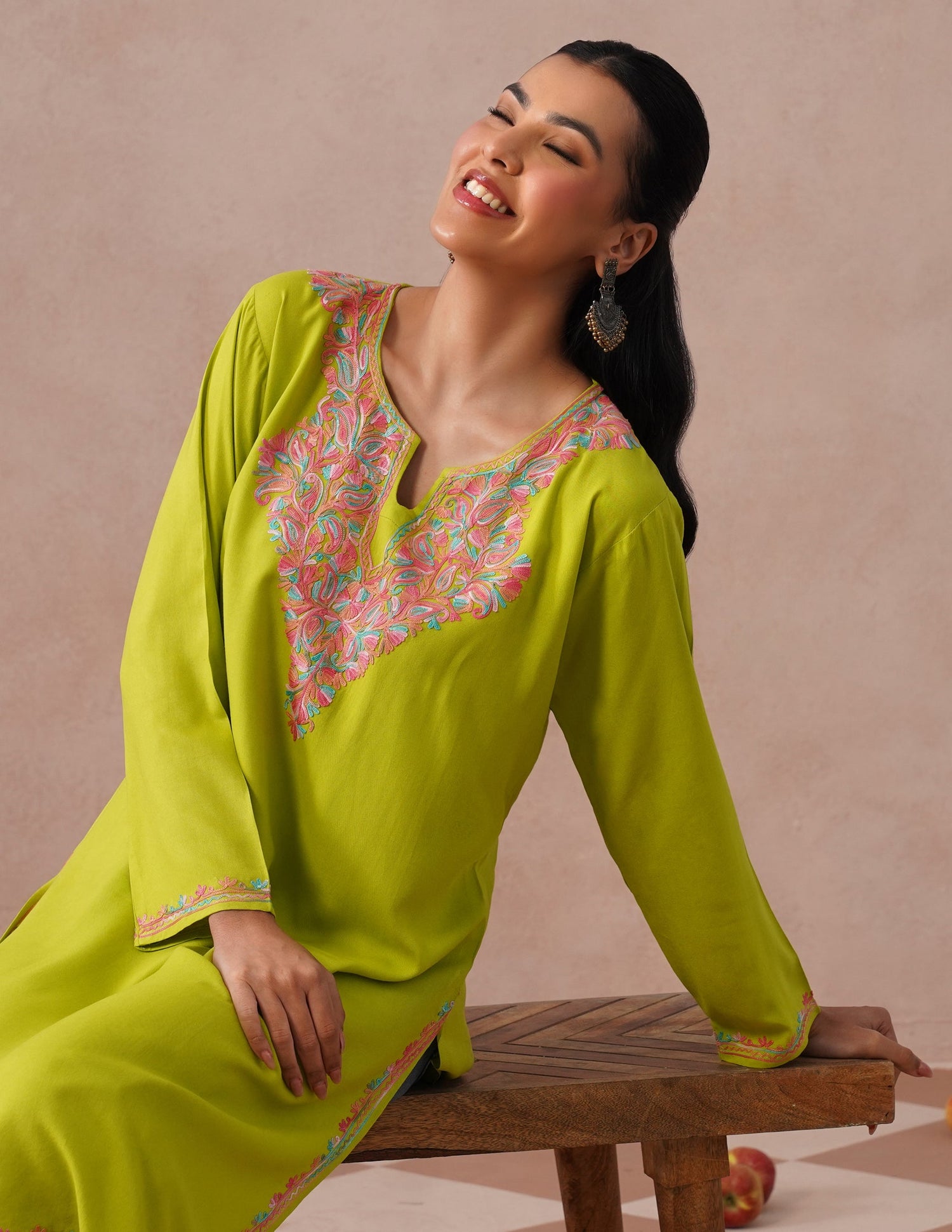 Parrot Green Rayon Kurti – Vibrant Multicolor Aari | Casual Ethnic Wear - Kashmir Box