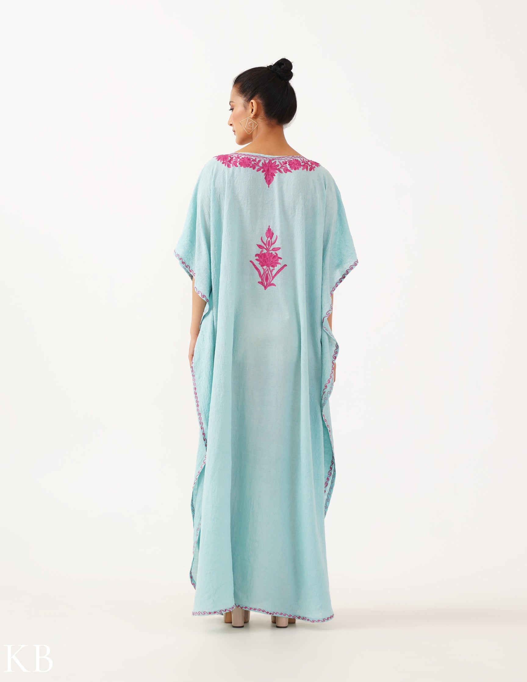 Mint Kaftan with Candy Pink Aari Embroidery - Kashmir Box