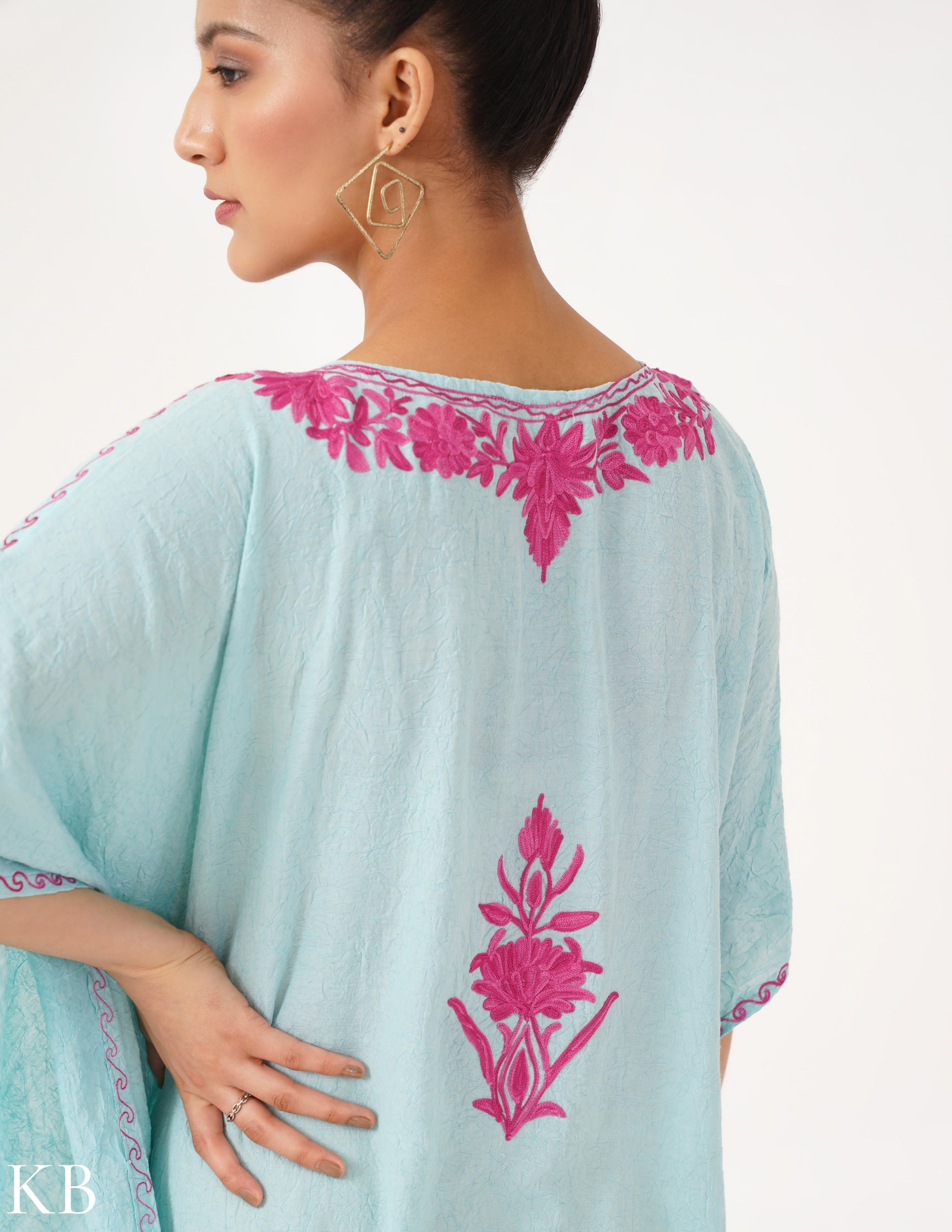 Mint Kaftan with Candy Pink Aari Embroidery - Kashmir Box