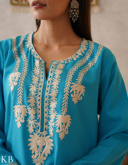 meHER Sky Blue Kashmiri Aari Woollen Co-ord Set - Kashmir Box