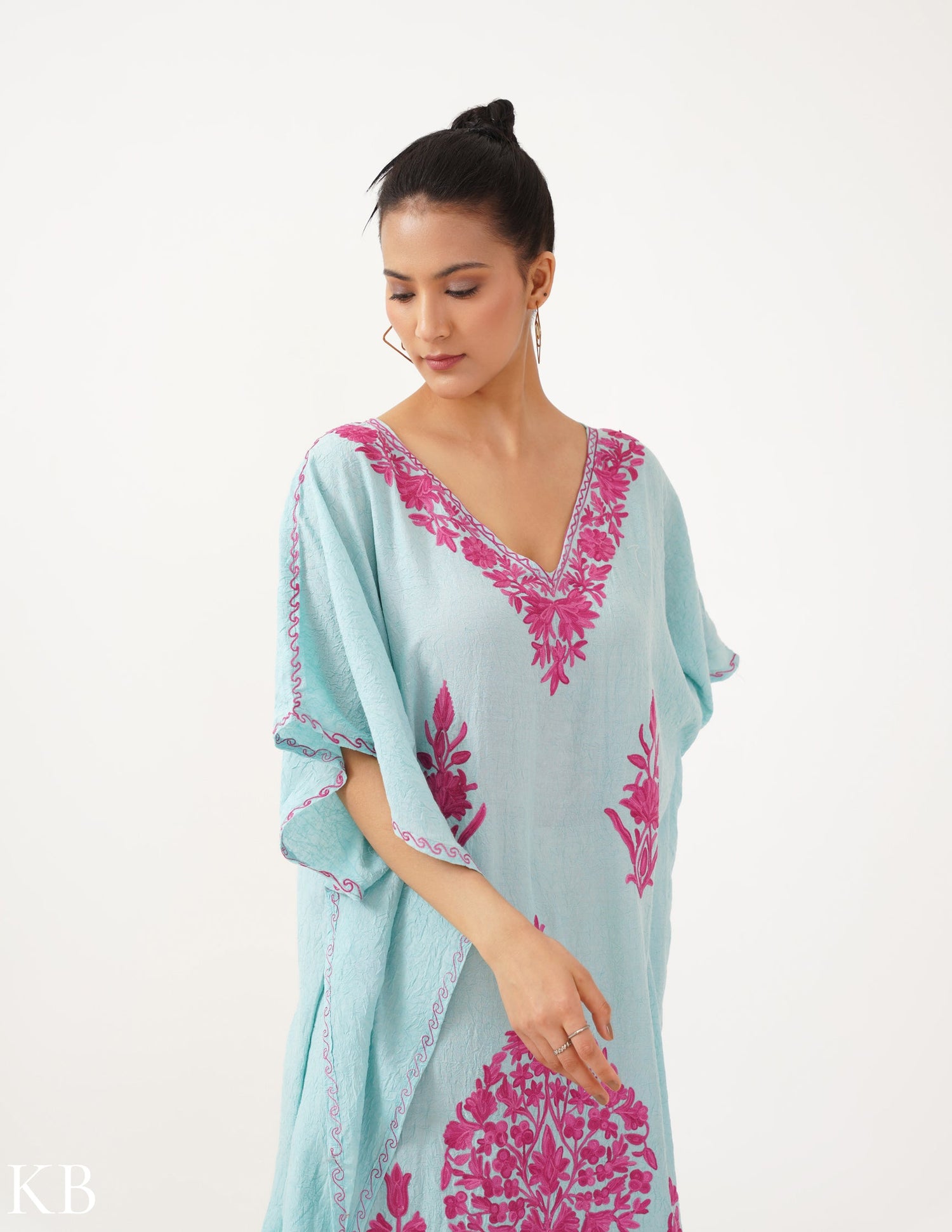 Mint Kaftan with Candy Pink Aari Embroidery - Kashmir Box