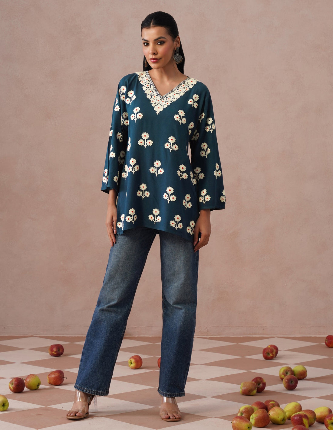 Blue Rayon Kurti – Light Blue &amp; Red Dual Tone Embroidery | Office Ethnic Wear - Kashmir Box
