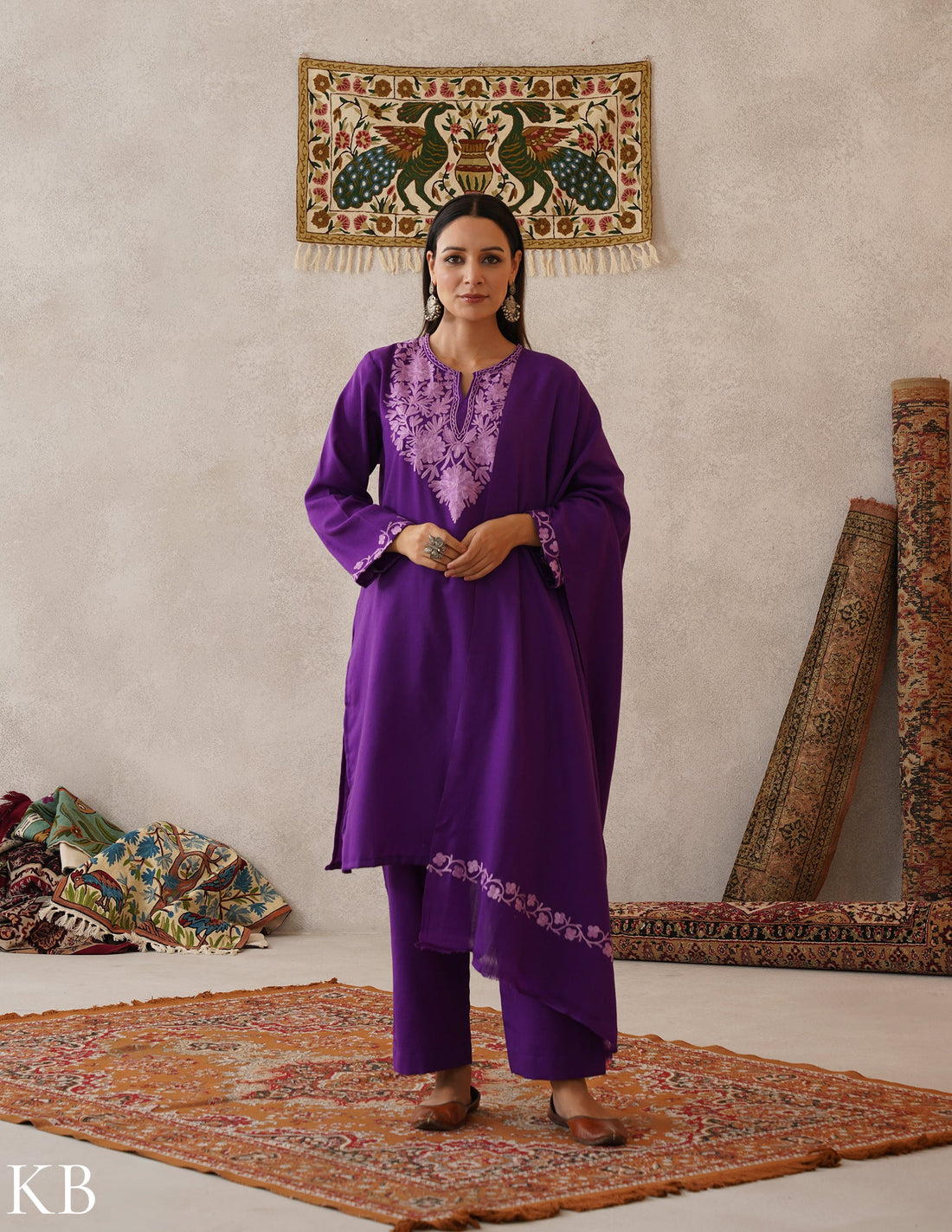 meHER Royal Purple Kashmiri Aari Woollen Co-ord Set