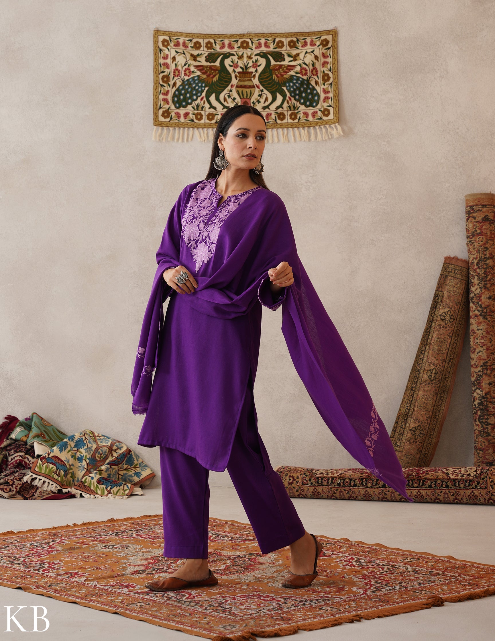 meHER Royal Purple Kashmiri Aari Woollen Co-ord Set