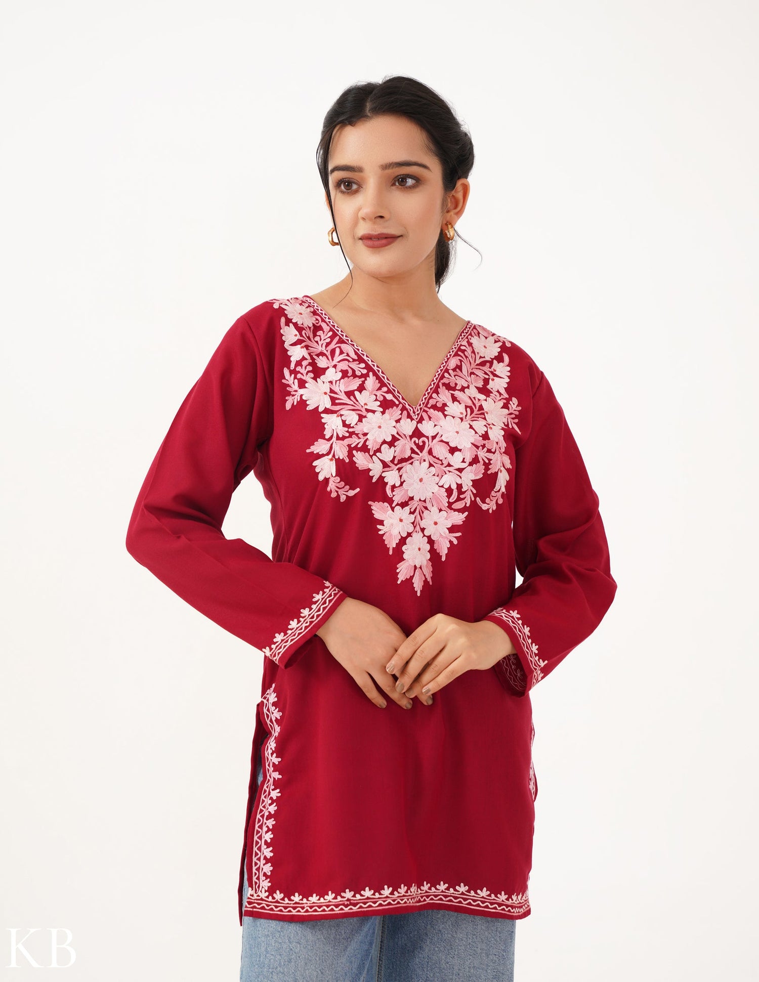 Blush Aari Embroidery Maroon Top - Kashmir Box