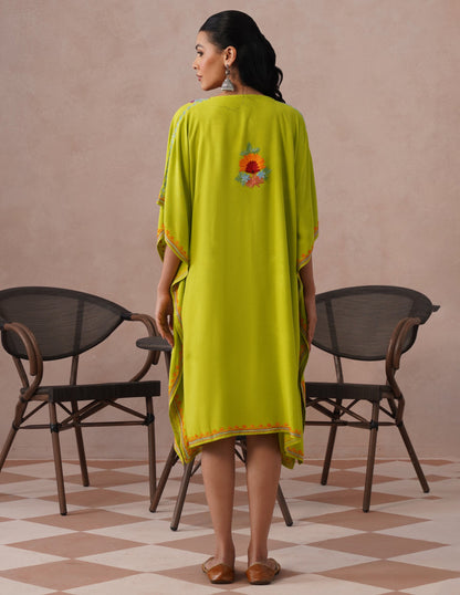 Parrot Green Rayon Kaftan – Multicolor Aari Embroidery | Vibrant Single Piece Wear - Kashmir Box