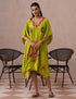 Parrot Green Rayon Kaftan – Multicolor Aari Embroidery | Vibrant Single Piece Wear - Kashmir Box