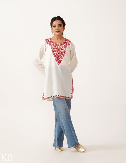 Crimson Embroidered White Top - Kashmir Box