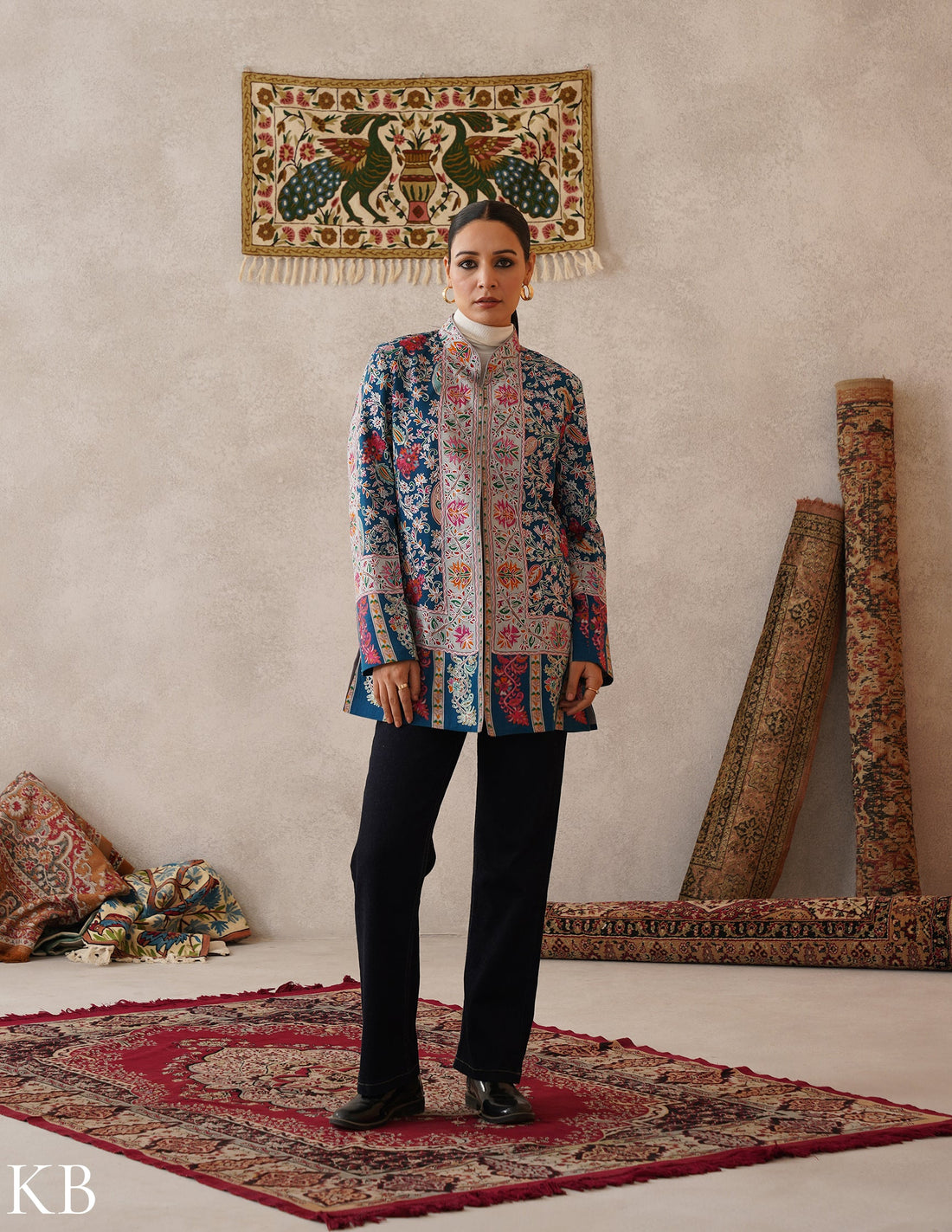 Nayaab Regal Blue Kashmiri Kalamkari Outlined Fine Wool Jacket