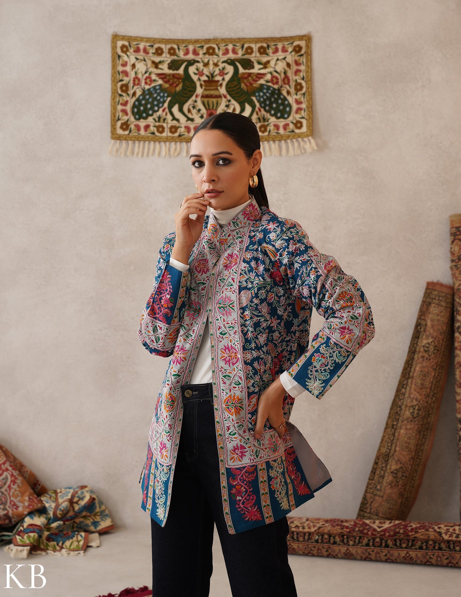 Nayaab Regal Blue Kashmiri Kalamkari Sozni Outlined Fine Wool Jackets