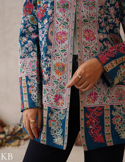 Nayaab Regal Blue Kashmiri Kalamkari Sozni Outlined Fine Wool Jackets