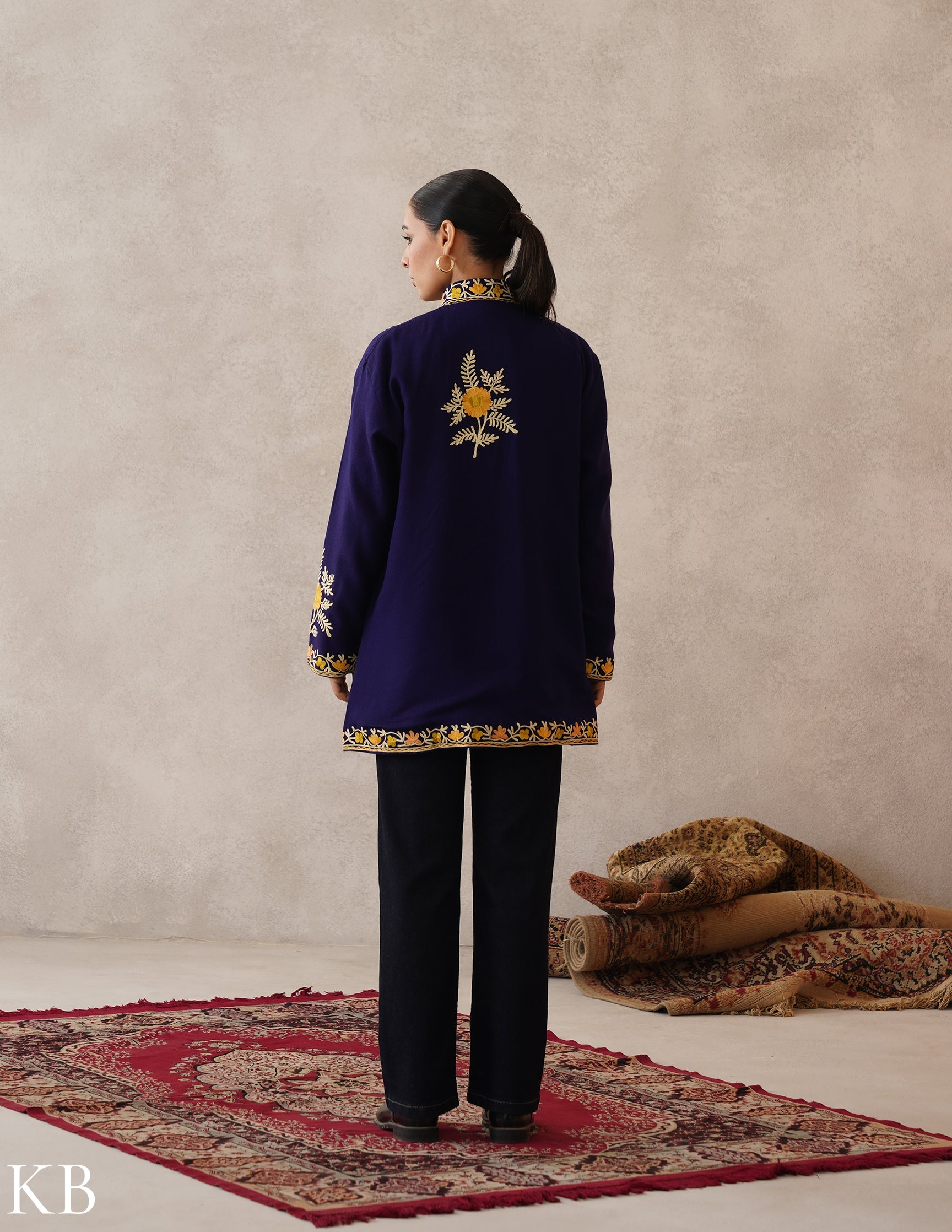 Nayaab Dark Royal Blue Kashmiri Aari Cashmilon Jacket