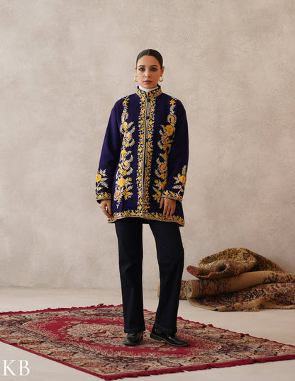 Nayaab Dark Royal Blue Kashmiri Aari Cashmilon Jacket