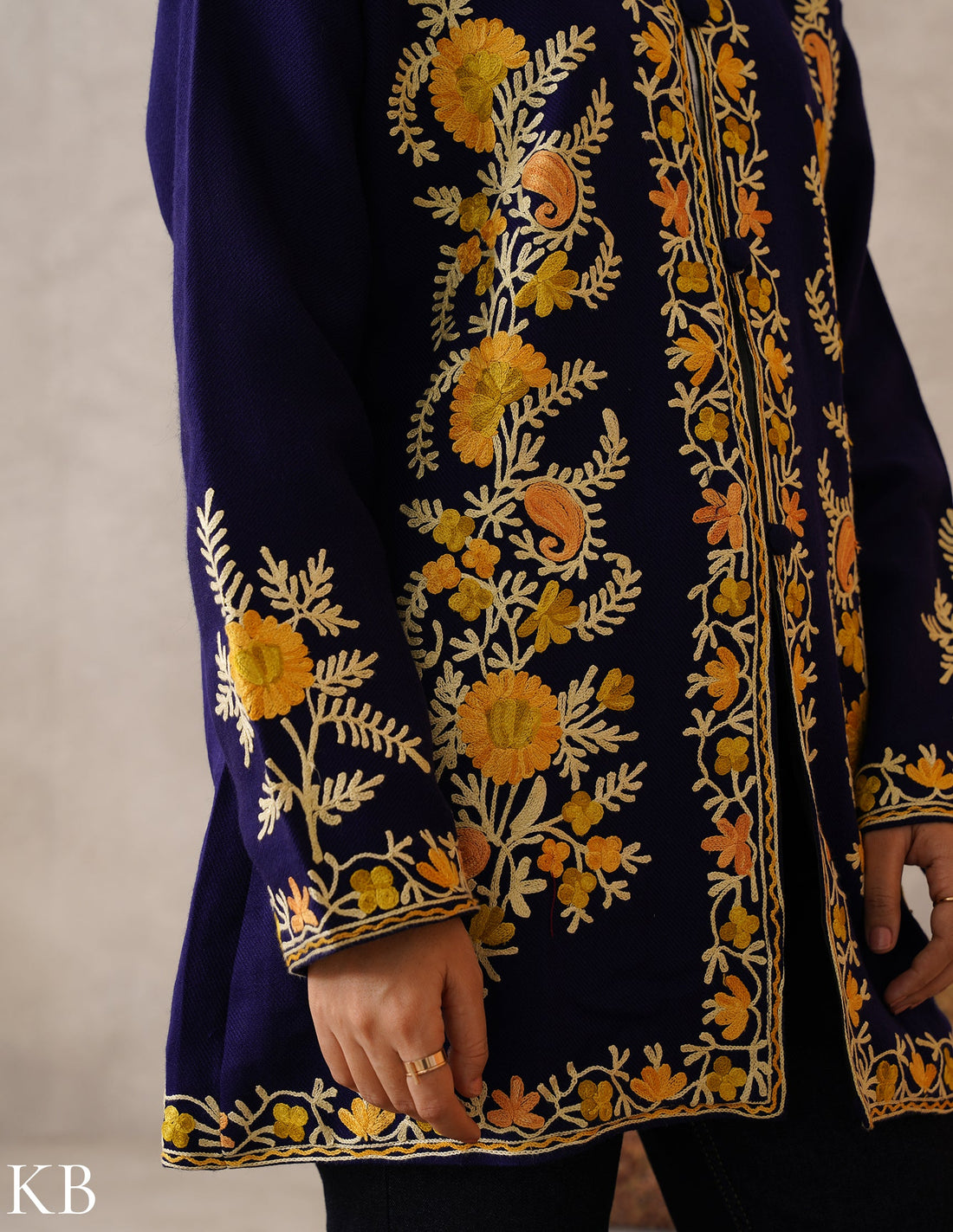 Nayaab Dark Royal Blue Kashmiri Aari Cashmilon Jacket