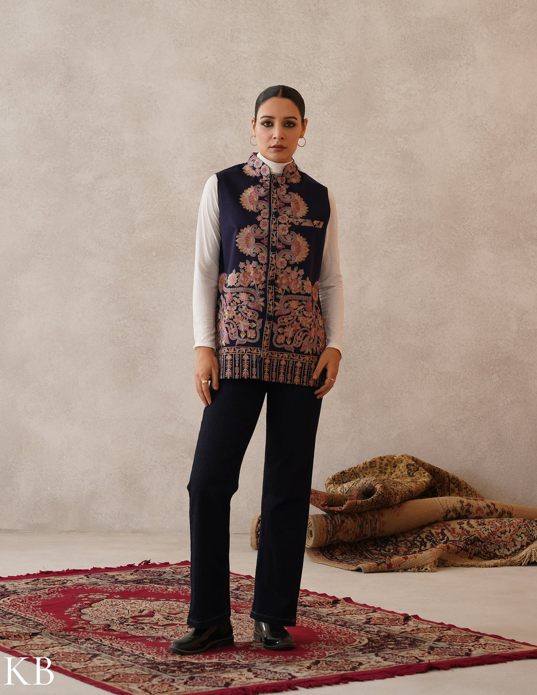 Nayaab Navy Blue Kashmiri Aari Fine Wool Waistcoat