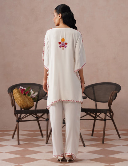 White Rayon Kaftan Set – Multicolor Aari Embroidery | Summer Ethnic Comfort Wear - Kashmir Box