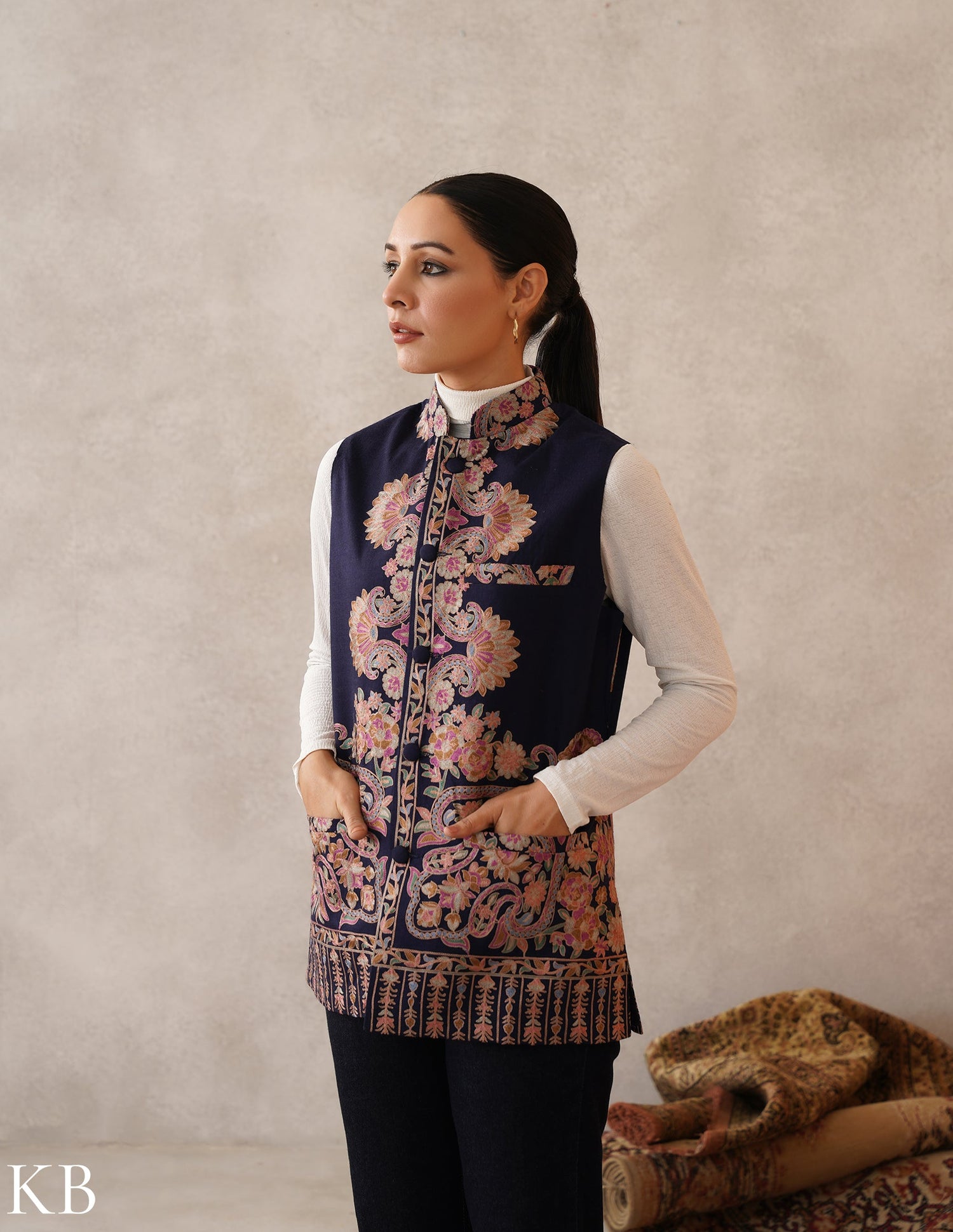 Nayaab Navy Blue Kashmiri Aari Fine Wool Waistcoat