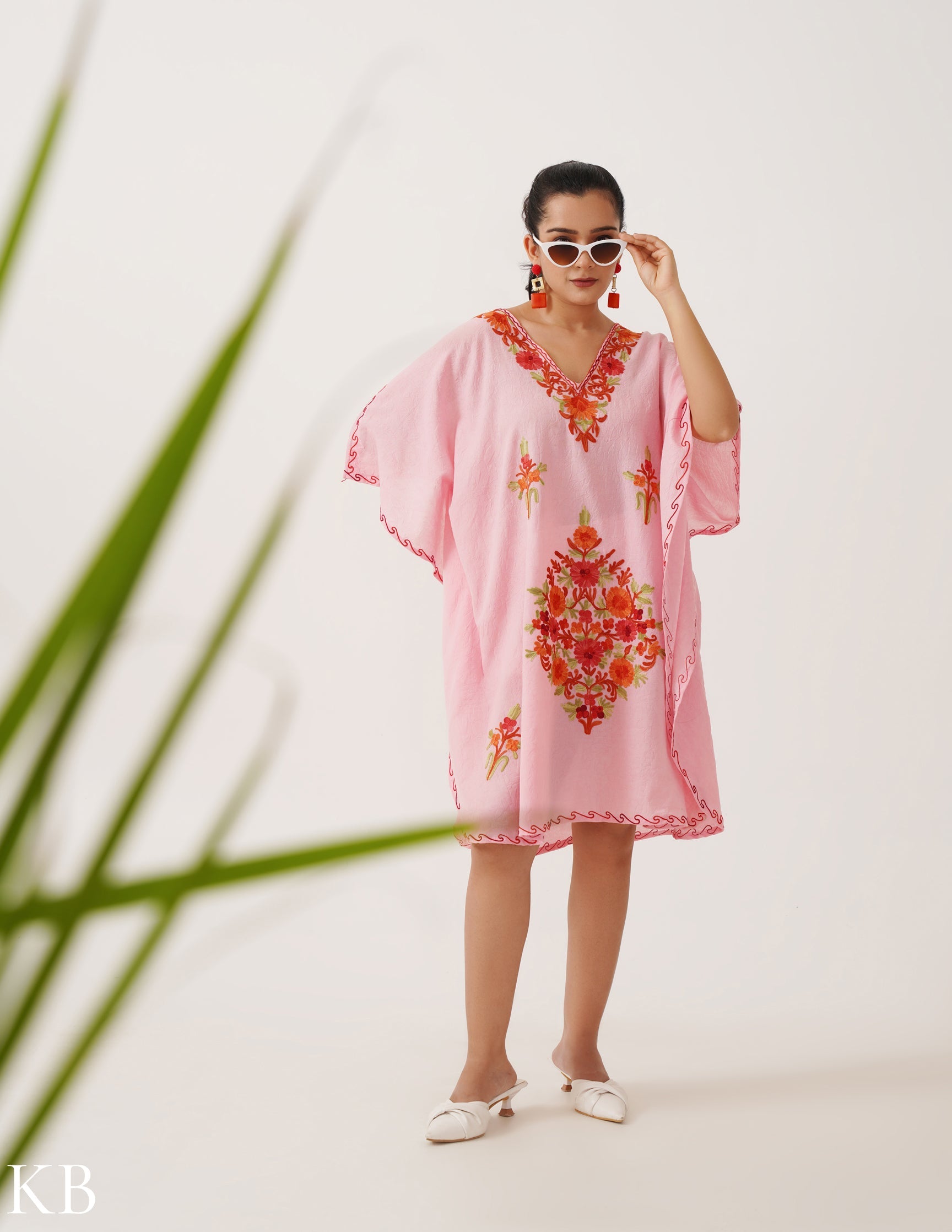 Cotton Candy Pink Embroidered Short Kaftan - Kashmir Box