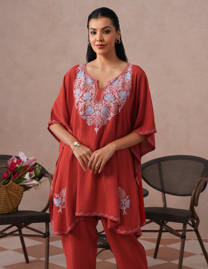 Red Rayon Kaftan Set – Multicolor Aari Embroidery | Comfortable Ethnic Wear - Kashmir Box