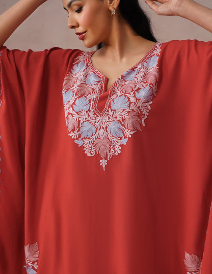Red Rayon Kaftan Set – Multicolor Aari Embroidery | Comfortable Ethnic Wear - Kashmir Box
