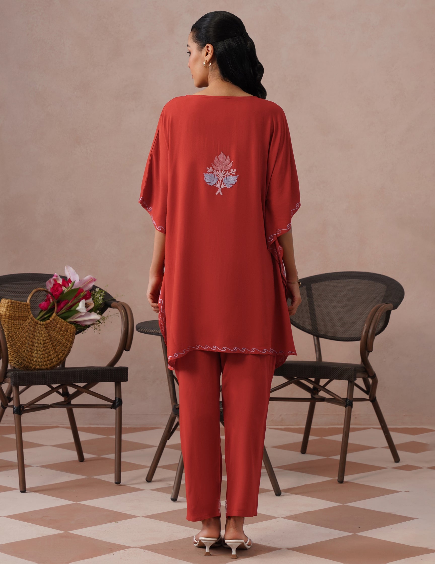 Red Rayon Kaftan Set – Multicolor Aari Embroidery | Comfortable Ethnic Wear - Kashmir Box