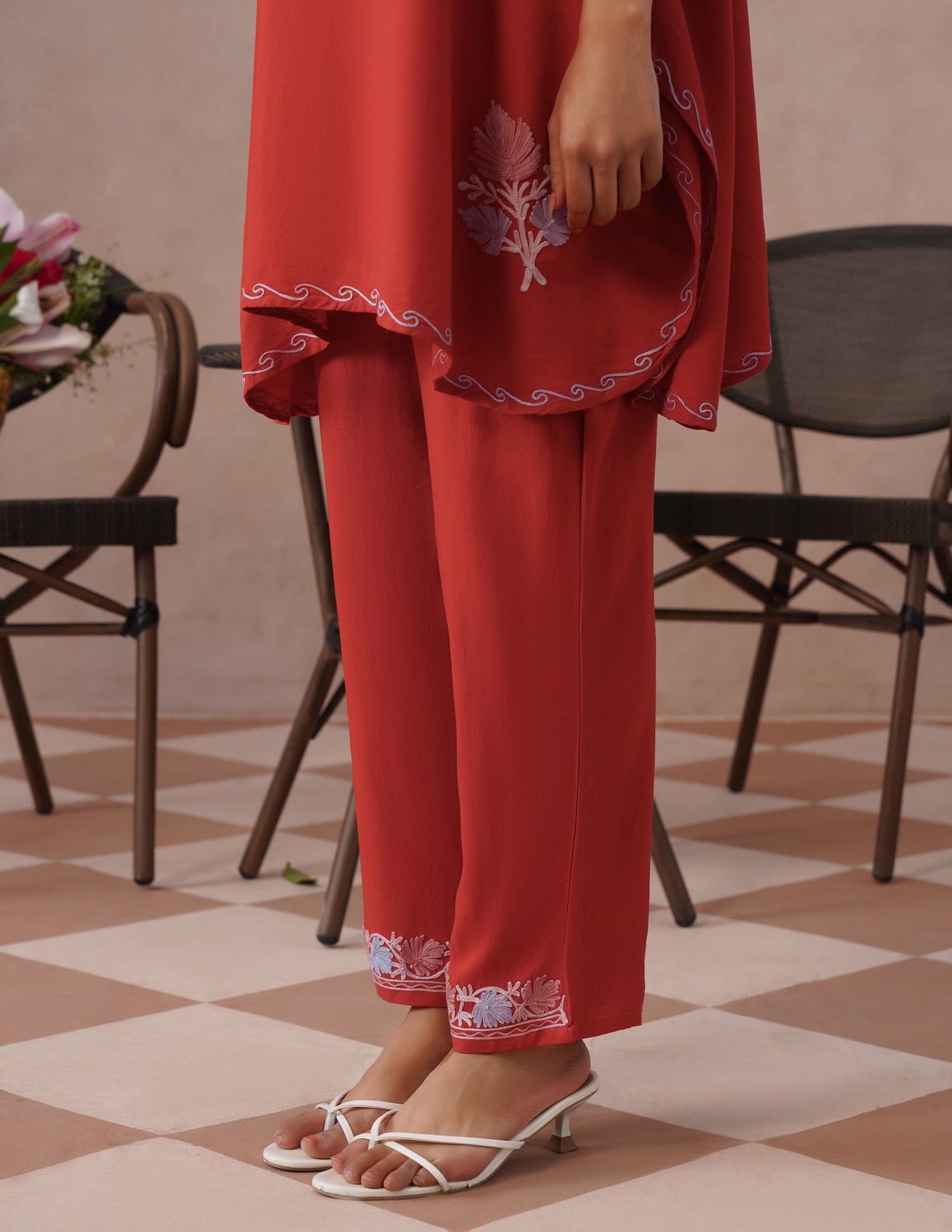Red Rayon Kaftan Set – Multicolor Aari Embroidery | Comfortable Ethnic Wear - Kashmir Box