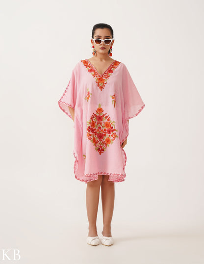 Cotton Candy Pink Embroidered Short Kaftan - Kashmir Box