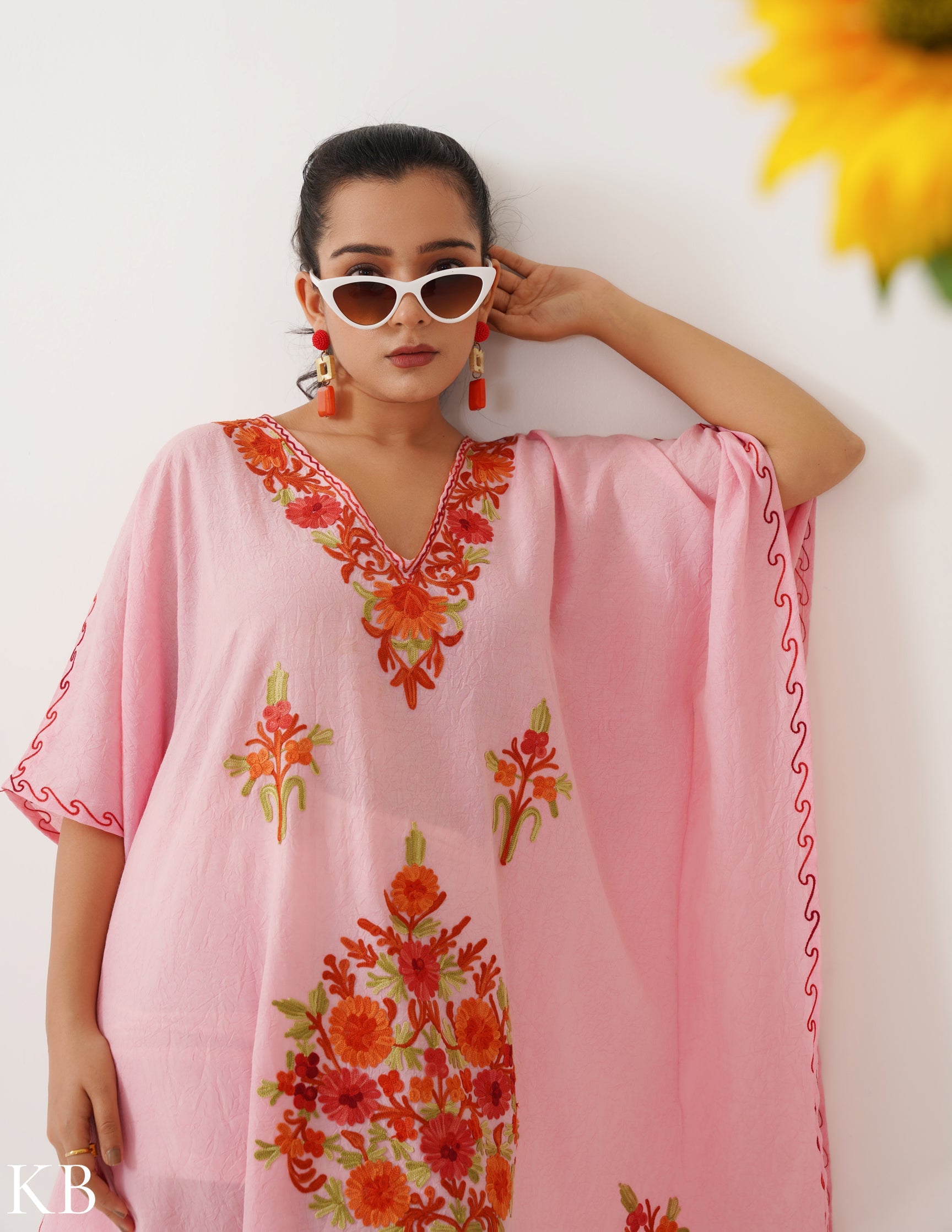 Cotton Candy Pink Embroidered Short Kaftan - Kashmir Box