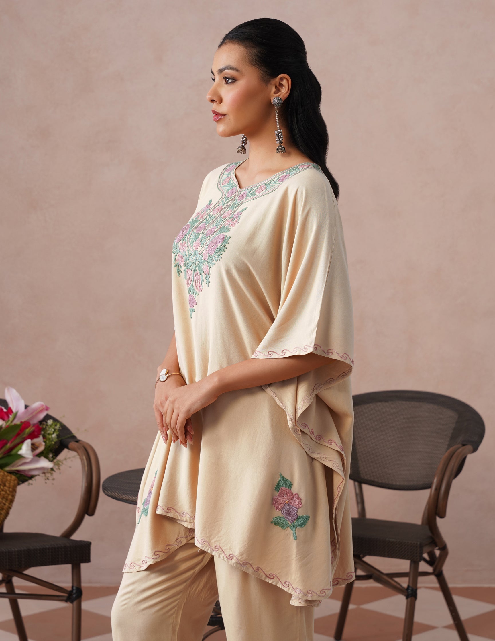 Fawn Rayon Kaftan Set – Multicolor Aari Embroidery | Neutral Everyday Ethnic Wear - Kashmir Box