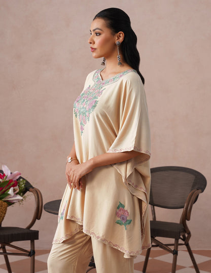 Fawn Rayon Kaftan Set – Multicolor Aari Embroidery | Neutral Everyday Ethnic Wear - Kashmir Box