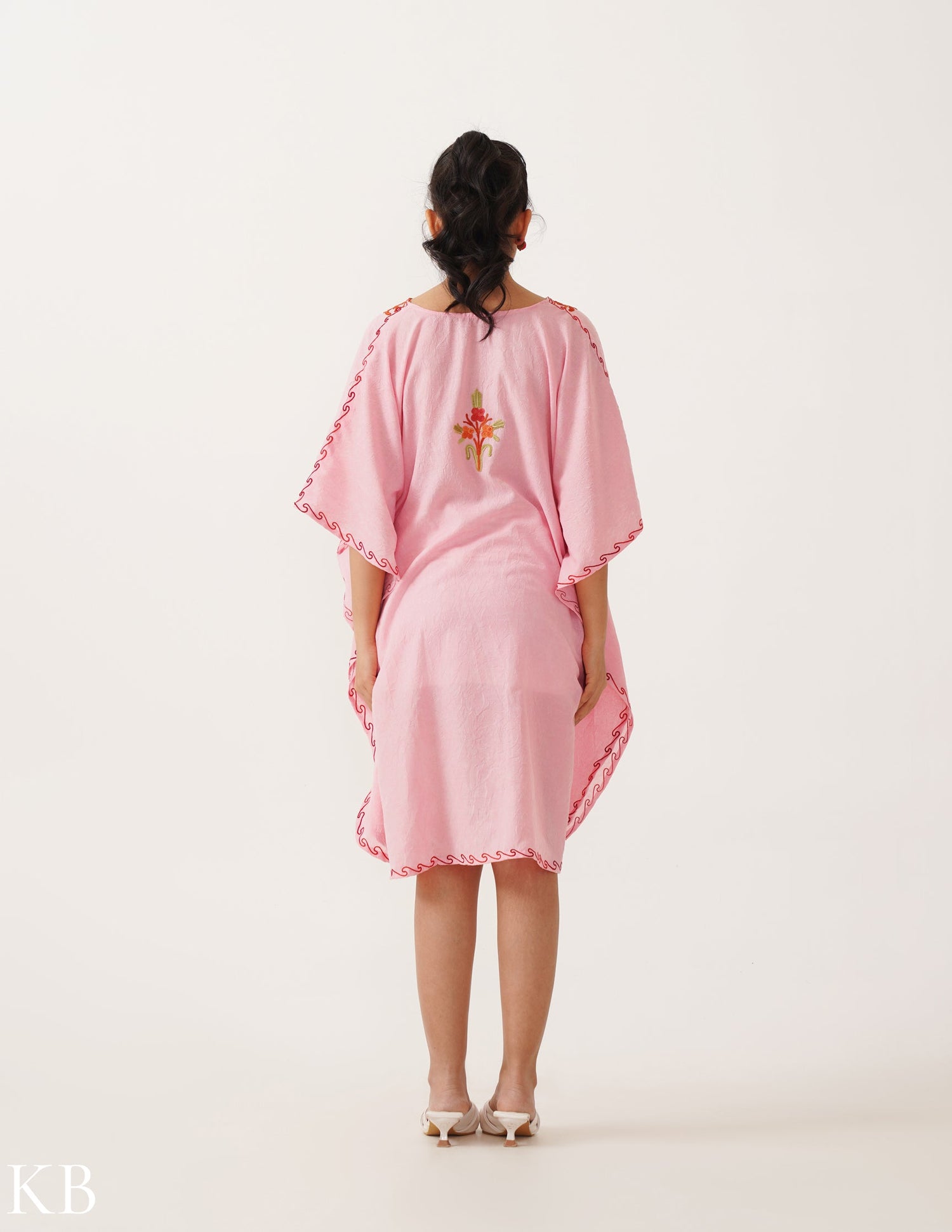 Cotton Candy Pink Embroidered Short Kaftan - Kashmir Box