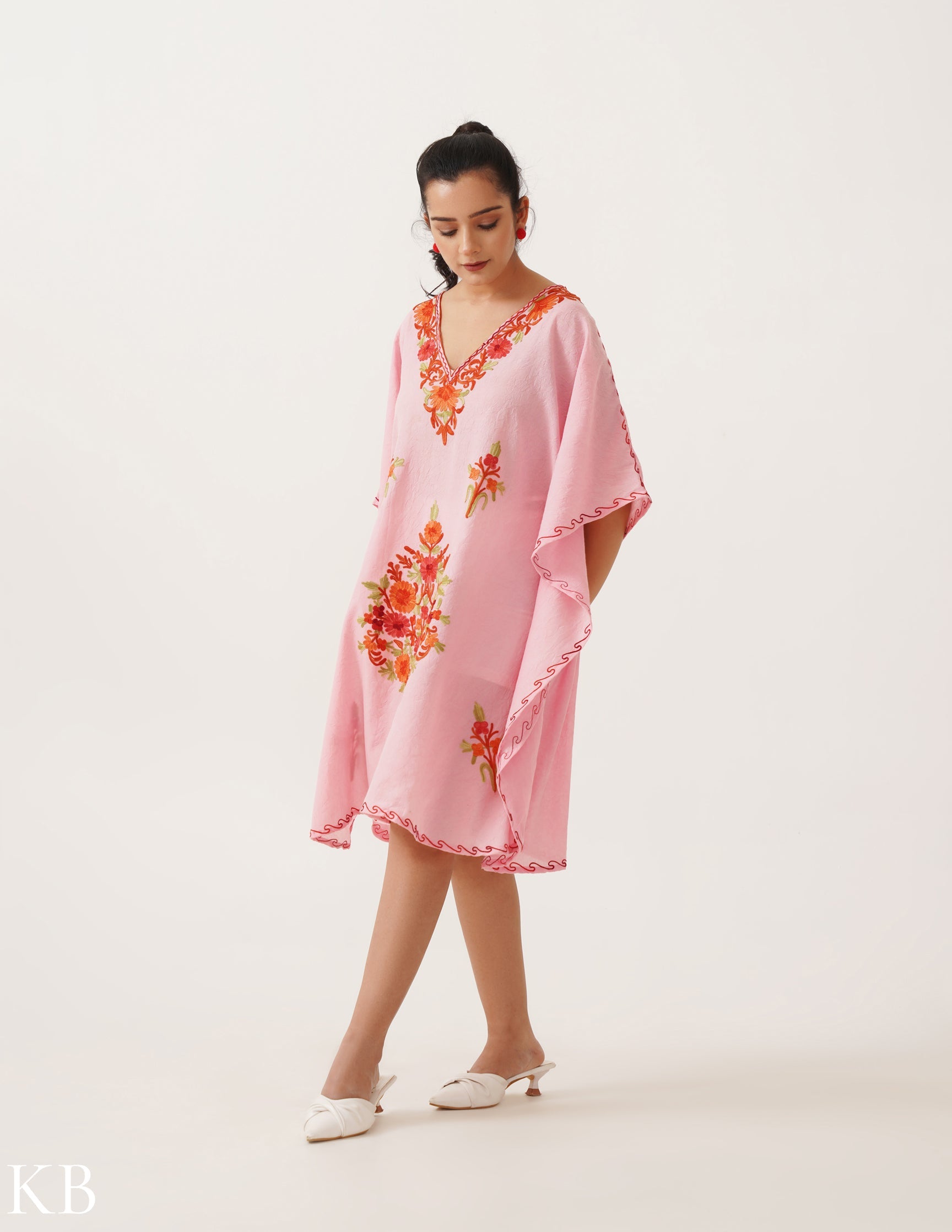 Cotton Candy Pink Embroidered Short Kaftan - Kashmir Box