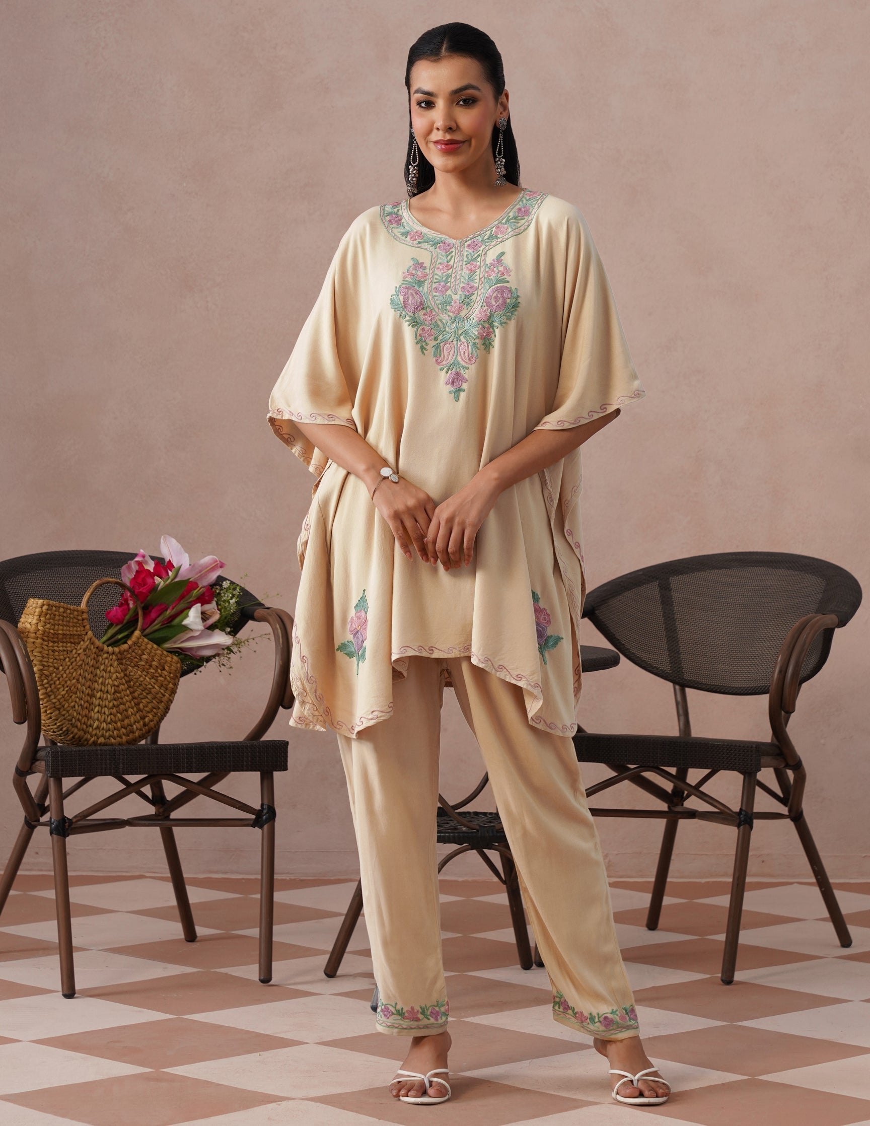 Fawn Rayon Kaftan Set – Multicolor Aari Embroidery | Neutral Everyday Ethnic Wear - Kashmir Box