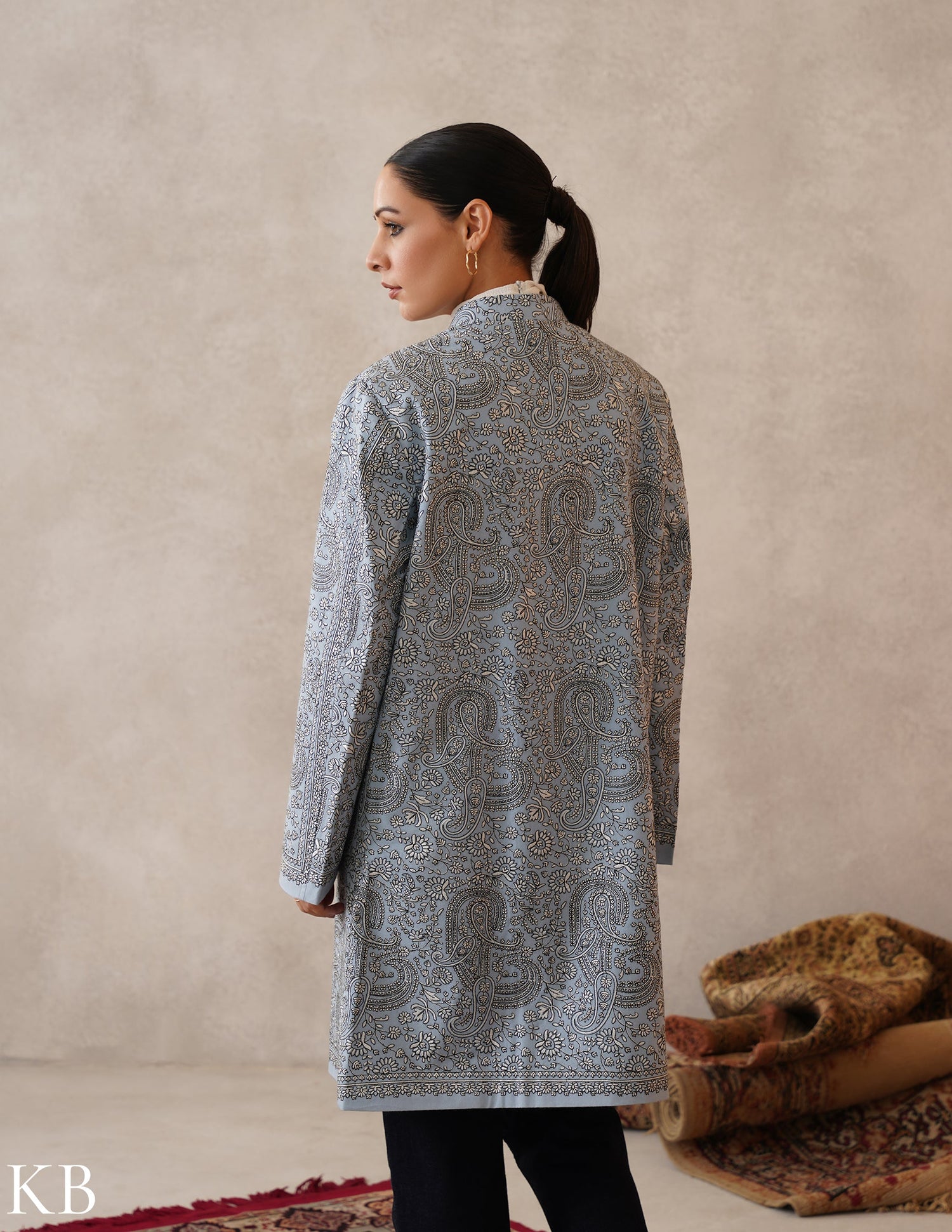 Nayaab Columbia Blue Kashmiri Sozni Embroidered Fine Wool Long Jackets