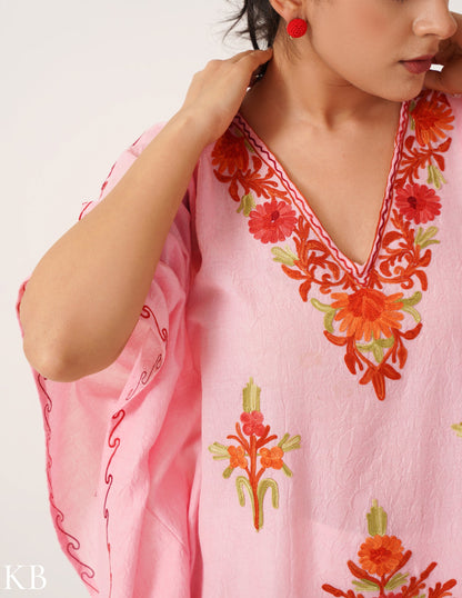 Cotton Candy Pink Embroidered Short Kaftan - Kashmir Box