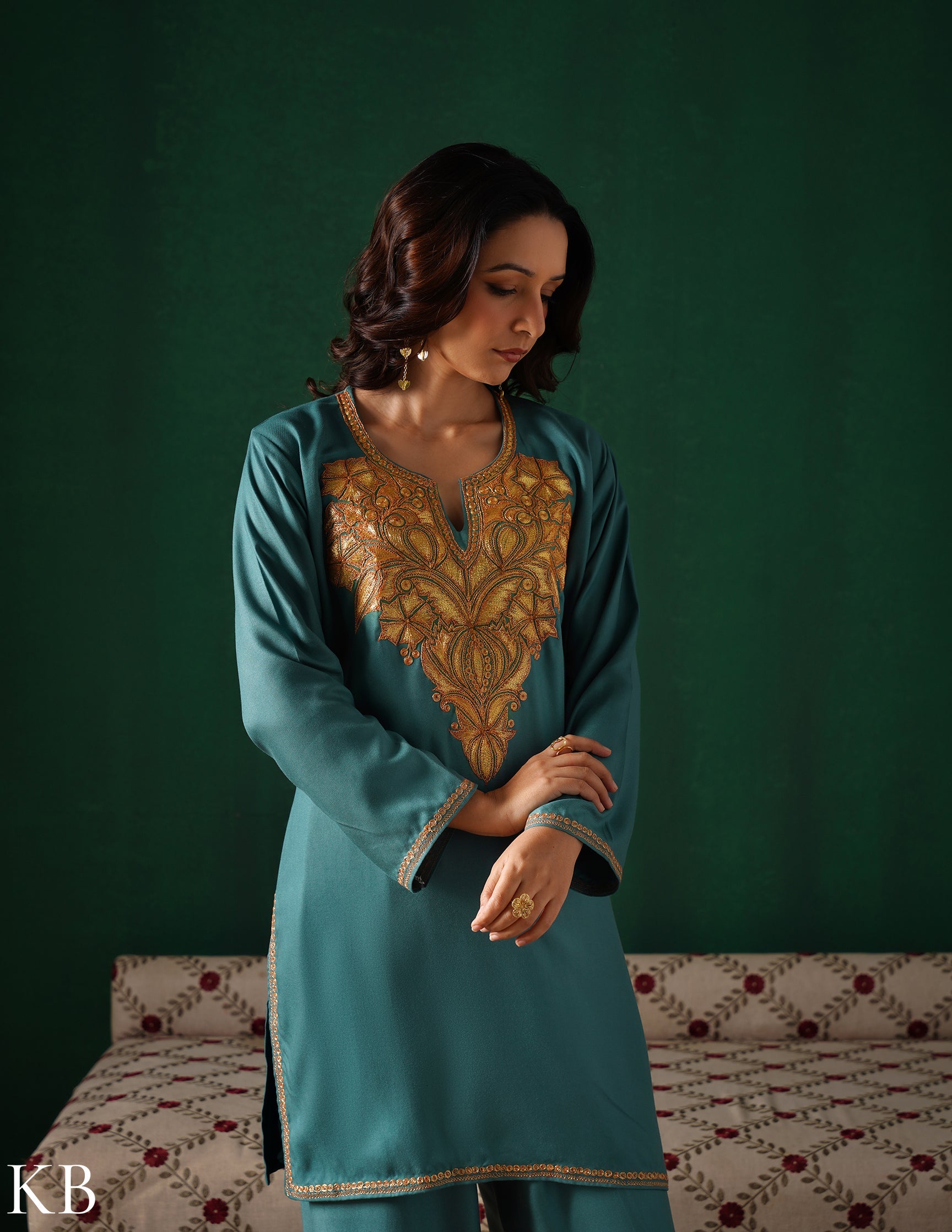Kashmiri Golden Boti Tilla Embroidered Woollen Coordset – Sea Green | Handcrafted Heritage - Kashmir Box