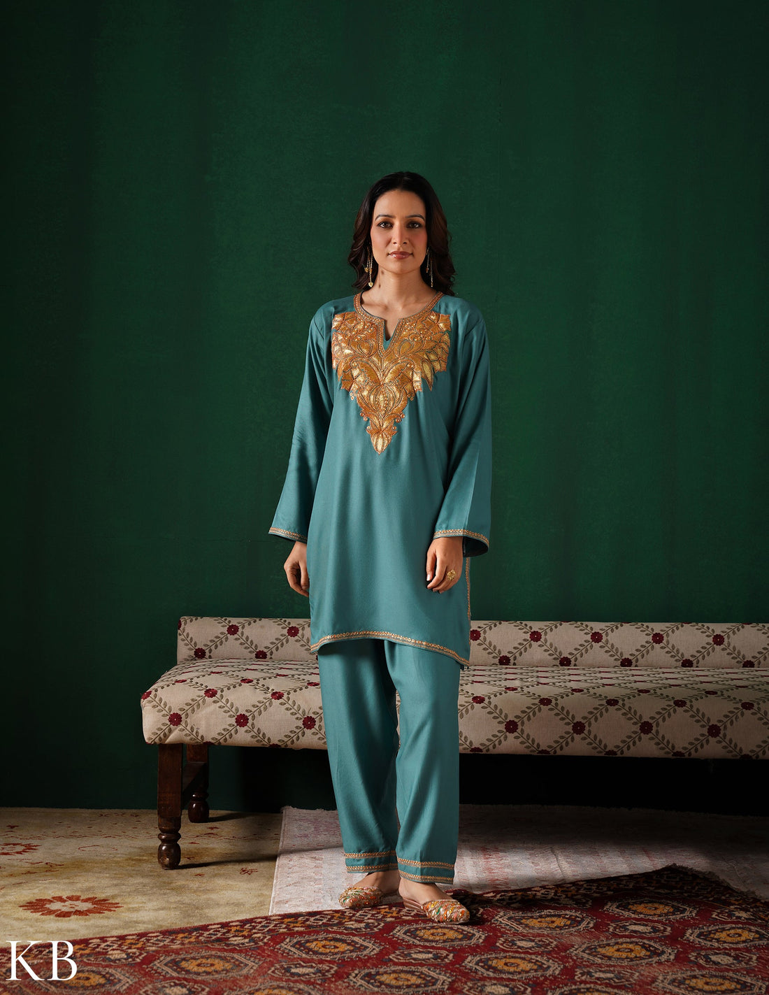 Kashmiri Golden Boti Tilla Embroidered Woollen Coordset – Sea Green | Handcrafted Heritage - Kashmir Box
